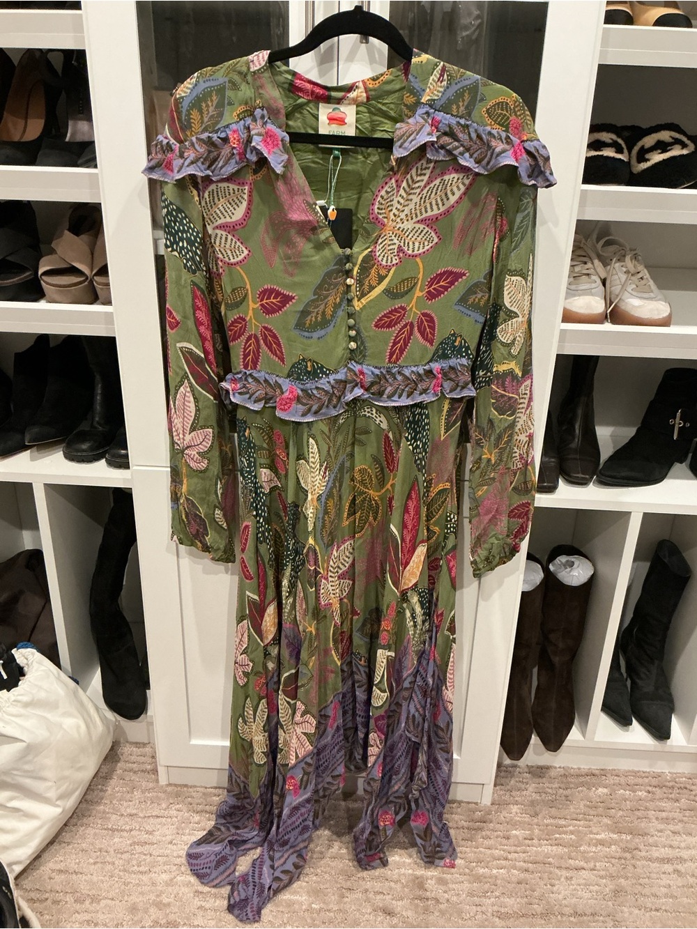 FARM Rio Olive Green Floral Midi Dress with Purple Accents - Picture 3 of 5